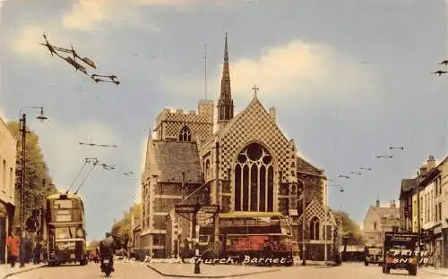 England Barnet Parish Church Double Decker Tram Vintage Postkarte