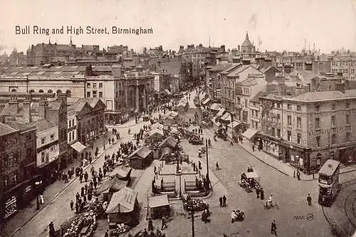 England 1920 Bull Ring High Street Birmingham Doppeldecker Straßenbahn Postkarte