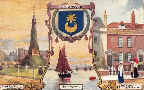 England 1910 Portsmouth Hafen Dickens Geburtsort Clarence Monument Postkarte