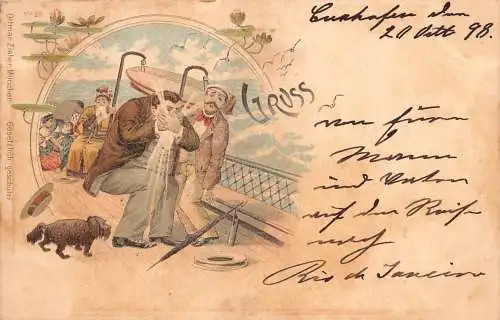 Gruss aus ... Seekrank Comic Humor Hund 1898 Vintage Postkarte