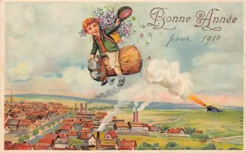 Neujahrsgrüße Junge reitet Champagner Korken Kanone geprägte Vintage Postkarte
