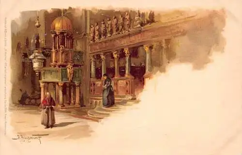 Italien Venedig Venezia Markusdom Innenraum signiert Litho Vintage Postkarte