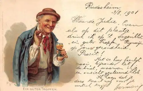 Ein guter Tropfen 1901 Mann trinkt signiert P K Vintage Postkarte
