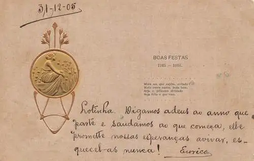 Neujahrsgrüße 1905 Brasilien Boas Festas Jugendstil geprägte Vintage Postkarte