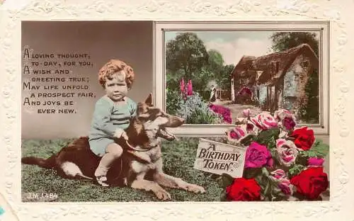 Geburtstagsgrüße Junge auf Schäferhund Rosen geprägte Postkarte