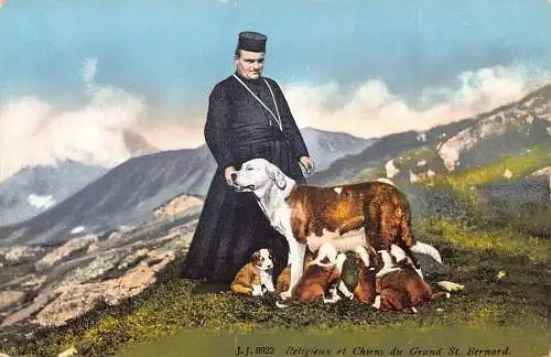 Tiere Mönch Streicheln Bernhardiner Hund mit Welpen Vintage Postkarte