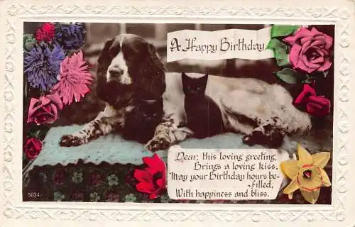 Geburtstagsgrüße 1932 Black Cat Cocker Spaniel Hund Rosen Blumen Postkarte