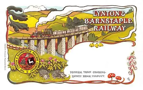Steamtrain Lynton and Barnstaple Eisenbahn Pilze Igel Blumen Postkarte