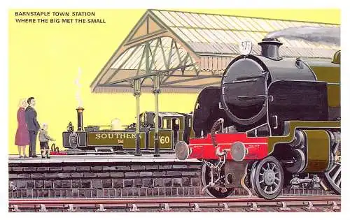 Steam Trains Barnstaple Town Railway Station where Big met the Small Postkarte
