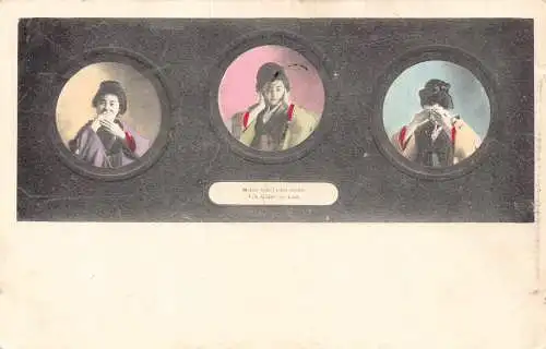 Japan ethnisches einheimisches Mädchen im Kimono posiert kein Gespräch Hören ansehen Postkarte