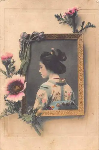 Japan Geisha im Kimono aus Profil Passepartout Blumen 1906 Vintage Postkarte