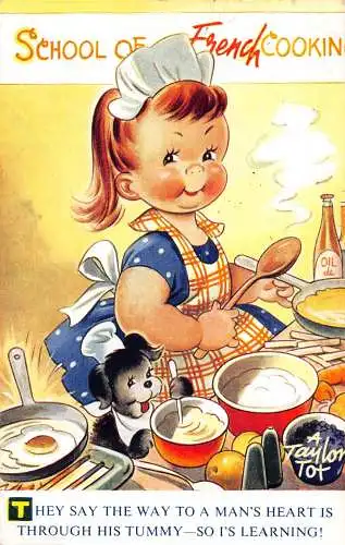 Bamforth Comic Humor 1958 Schule der französischen Küche Hund und Mädchen Essen Postkarte
