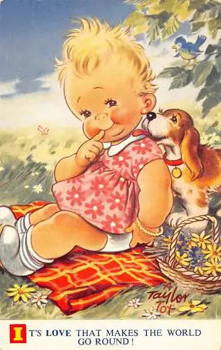 Bamforth Comic Humor Hund leckt Mädchen Liebe Männer Welt Go Round Blumen Postkarte