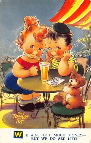 Bamforth Comic Humor Kinder und Hund Französisch Cafe Trinken Postkarte