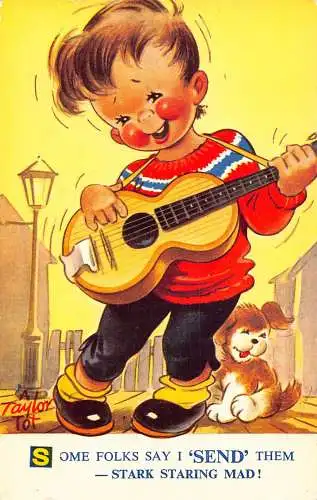 Bamforth Comic Humor Junge spielt Gitarre Hund Stark starrt verrückt! Postkarte