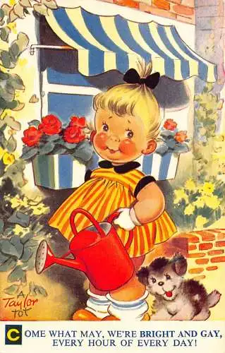 Bamforth Comic Humor süßes Mädchen gießt Blumen Hund hell und schwul Postkarte