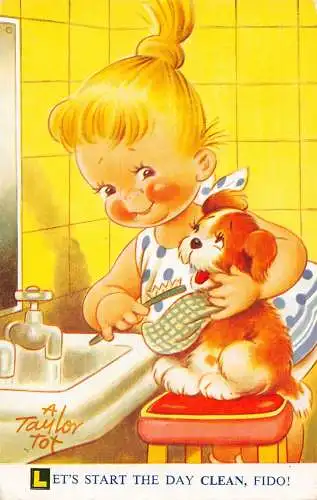 Bamforth Comic Humor 1964 Mädchen bürstet Fido die Zähne des Hundes Postkarte