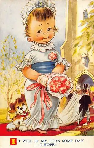 Bamforth Comic Humor Mädchen als Braut Blumen Hund Irgendwann an der Reihe Postkarte