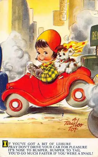 Bamforth Comic Humor 1965 Cool Girl Hund fährt Auto im Verkehr Postkarte