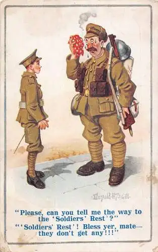 Comic Humor Müde Reife Soldat Schwitzen Entspannt Junge Beobachten Postkarte