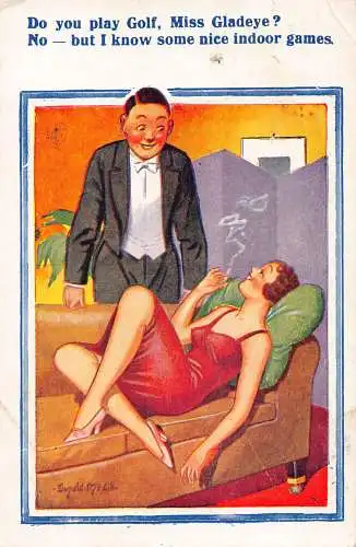 Comic Humor 1976 Frau rauchender Herr ich kenne einige Indoor Spiele Postkarte