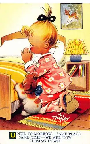 Comic-Humor Bamforth Mädchen und Hund beten in der Nähe der Bettschließung! Postkarte