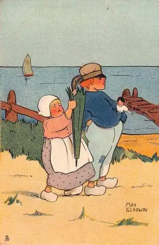 Comic Humor ethnisches niederländisches Paar am Strand Puppe Regenschirm Kunst May Gladwin Postkarte