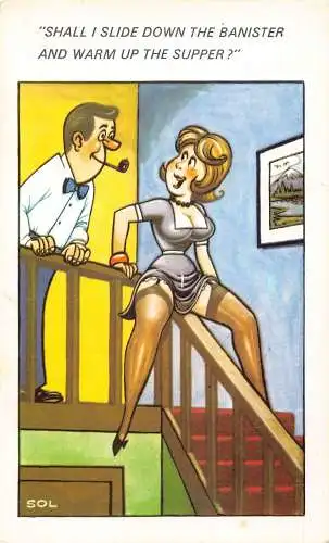 Comic Humor Frau Slide Down Geländer Halbnackter Mann Rauchen Pfeife Postkarte