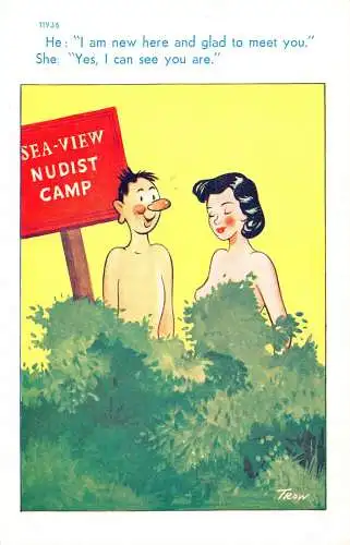 Comic Humor FKK-Camp rotes Gesicht Mann Treffen Frau Postkarte
