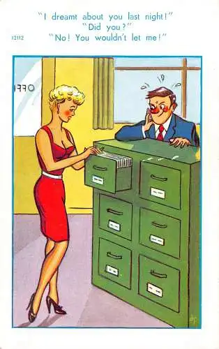 Comic Humor Sinnliche Frau Suche Dokument Mann Träumt Büro Postkarte