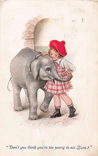 Comic Humor 1916 französisch gekleidetes Mädchen Elefant zu jung, um Brötchen zu essen? Postkarte
