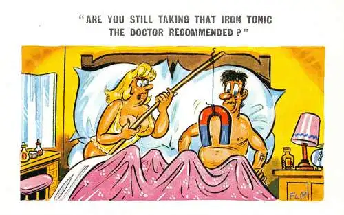 Comic Humor Frau Angeln mit Magnet im Bett Iron Tonic Doctor Postkarte empfehlen