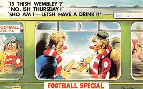 Comic Humor Britische Männer beim Bier im Zug Fußball Sonderpostkarte