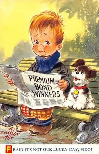 Comic Humor Poor Boy liest Premium Bond Gewinner nicht unser Glückstag Hund Postkarte