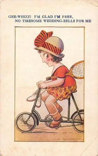 Comic Humor Mädchen mit Badminton Palette Fahrrad fahren Schön, dass ich kostenlose Postkarte bin
