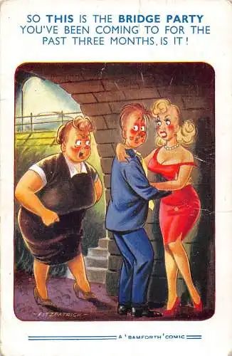 Comic Humor 1962 Frau fängt Ehemann beim Betrügen, also ist dies Bridge Party Postkarte