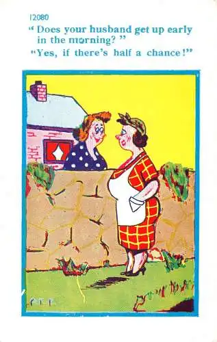 Comic Humor Frauen Nachbarn Reden Steht Ihr Mann früh auf? Postkarte