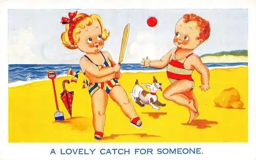 Comic Humor Kinder im Badeanzug spielen Ball am Strand Hund Vintage Postkarte