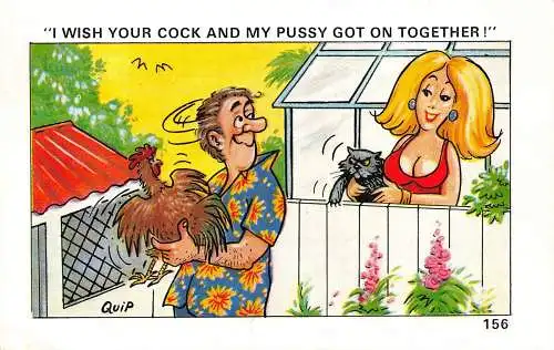 Comic Humor Nachbarn flirten Hahn und Katze zusammen Postkarte