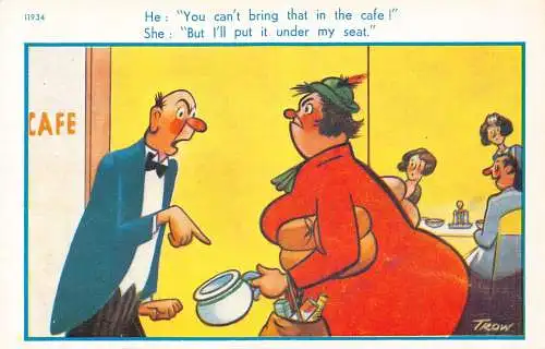 Comic Humor Kellner streitet mit Frau, die Töpfchen im Restaurant bringt Postkarte