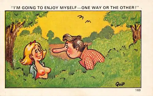 Comic Humor Mann mit langer Nase halbnackte Frau Ich werde genießen Postkarte