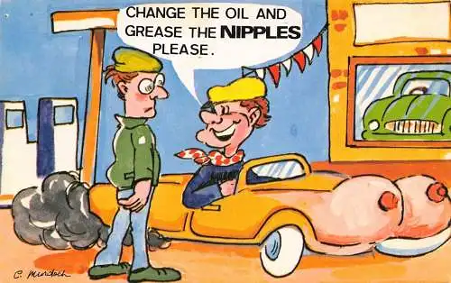 Comic Humor Auto im Service Öl wechseln und Brustwarzen einfetten Postkarte