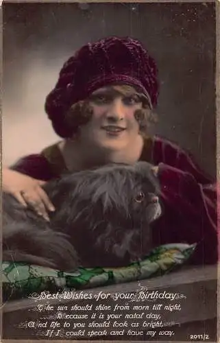 Geburtstagsgrüße Frau mit Haube und schwarzem Pekingese Hund Vintage Postkarte