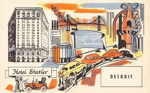US Detroit Michigan Hotel Statler Art Dance Cars Bridge Vintage Postkarte