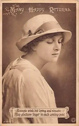 Viele glückliche Rückkehr 1921 Frau mit Band Hut schaut nach unten Vintage Postkarte