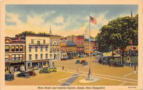 USA 1940 New Hampshire Keene Main Street Central Square Autos Flagge Postkarte