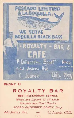 Mexiko Royalty Bar Cafe Restaurant Werbung Vintage Postkarte