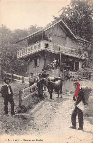Schweiz Retour au Chalet Bauern Rückkehr nach Hause Vieh Vintage Postkarte