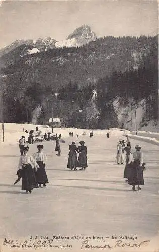 Schweiz 1908 Chateau d'Oex im Winter Menschen Schlittschuhlaufen Vintage Postkarte