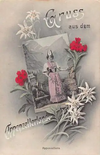 Schweiz Gruss aus Appenzellerlande Tracht Edelweiß Postkarte